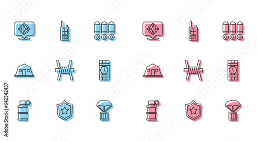 Set line Hand smoke grenade, Military reward medal, Target sport, Airdrop box, Barbed wire, Dynamite timer clock, barracks and Walkie talkie icon. Vector