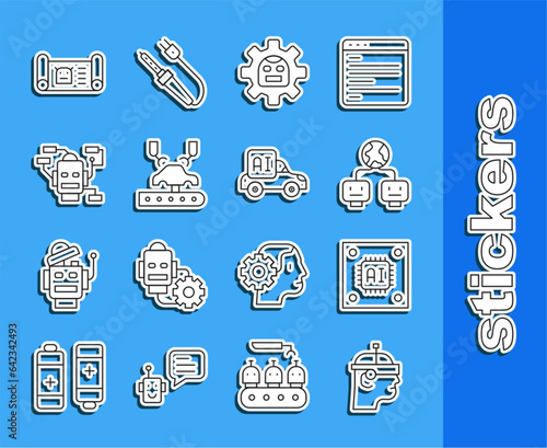 Set line Smart glasses, Processor with microcircuits CPU, Artificial intelligence, Robot, Robotic robot arm on factory, blueprint and Autonomous smart car icon. Vector