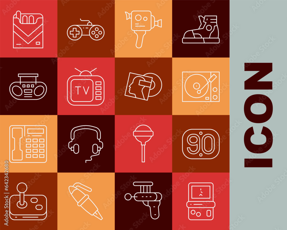 Set line Tetris, 90s Retro, Vinyl player, cinema camera, tv, Home stereo with two speakers, Cigarettes pack box and disk icon. Vector Set line Tetris, 90s Retro, Vinyl player, cinema camera, tv, Home stereo with two speakers, Cigarettes pack box and disk icon. Vector
