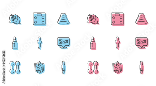 Set line Dumbbell, Bodybuilder muscle, Sleepy, Smartwatch, Pipette with oil, Essential bottle and Bathroom scales icon. Vector