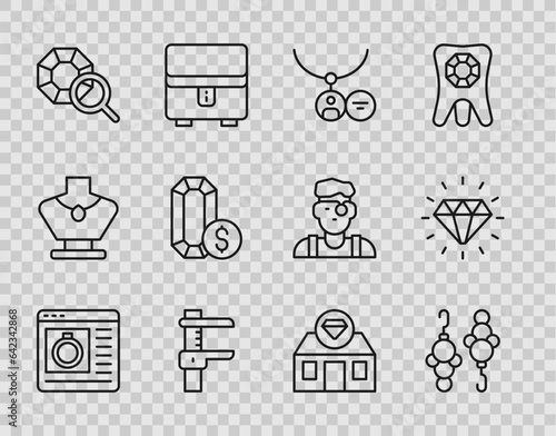 Set line Jewelry online shopping, Earrings, Locket necklace, Calliper or caliper and scale, Gem stone, store and Diamond icon. Vector