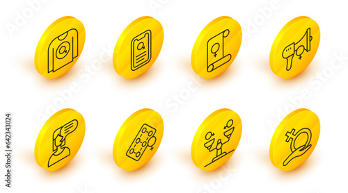 Set line Female gender, Gender equality, Packaging of birth control pills, opinion, Feminist activist, Feminism, Dating app and shirt icon. Vector