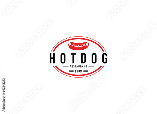 Hot dog logo badge with retro design style. Hot dog emblem logo design. 