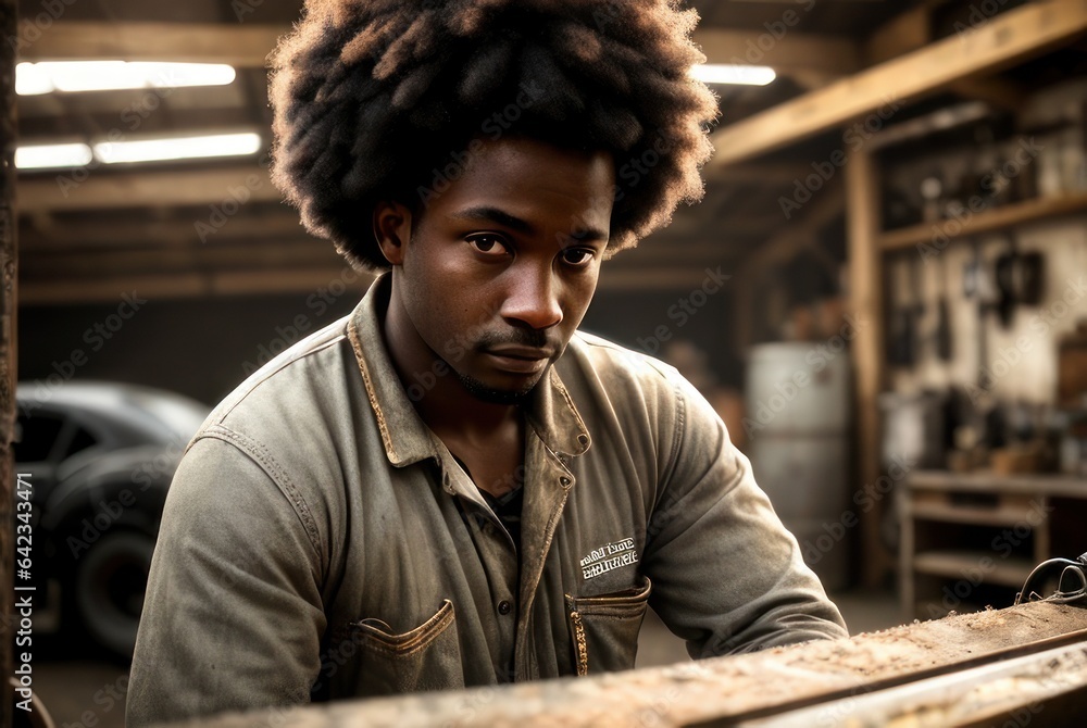 portrait of positive afro american auto mechanic in uniform posing after work, he is keen on repairing cars, automobiles. Portrait of a car mechanic working in a workshop portrait of positive afro american auto mechanic in uniform posing after work, he is keen on repairing cars, automobiles. Portrait of a car mechanic working in a workshop