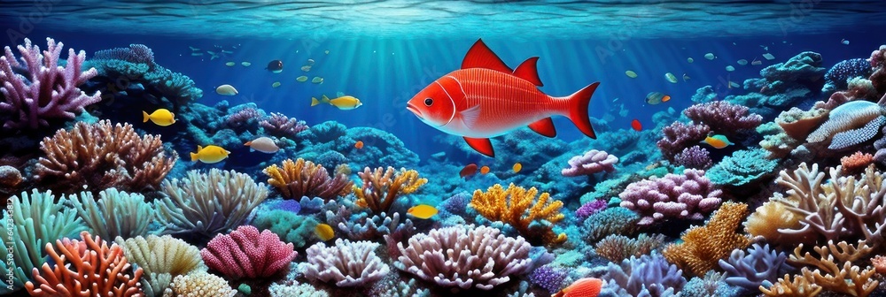 underwater coral reef landscape wide panorama background in the deep blue ocean with colorful fish and marine life . Banner - obrazy, fototapety, plakaty 