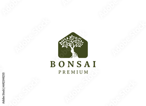 Vintage Bonsai Tree Logo Design Inspiration. Vector illustration of aesthetic bonsai and potted plants. Bonsai tree from chinese and japanese culture brand identity for Hotel retro brand logo.