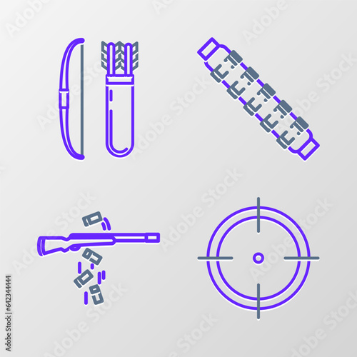 Set line Target sport for shooting competition, Gun, Hunting cartridge belt with cartridges and Bow and arrow quiver icon. Vector