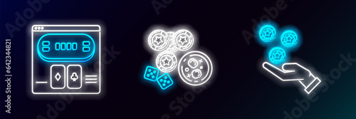 Set line Hand holding casino chips, Online poker table game and Casino dice glass of whiskey with ice cubes icon. Glowing neon. Vector