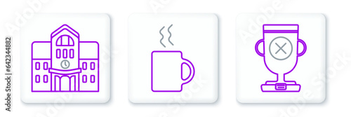 Set line Award cup, School building and Coffee icon. Vector