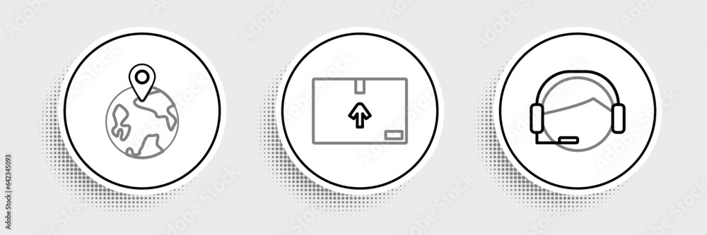 Set line Support operator in touch, Worldwide and Cardboard box with traffic symbol icon. Vector Set line Support operator in touch, Worldwide and Cardboard box with traffic symbol icon. Vector