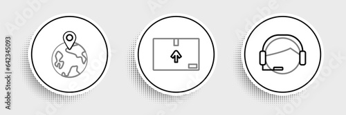 Set line Support operator in touch, Worldwide and Cardboard box with traffic symbol icon. Vector