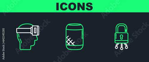 Set line Lock on digital circuit board, Virtual reality glasses and Voice assistant icon. Vector