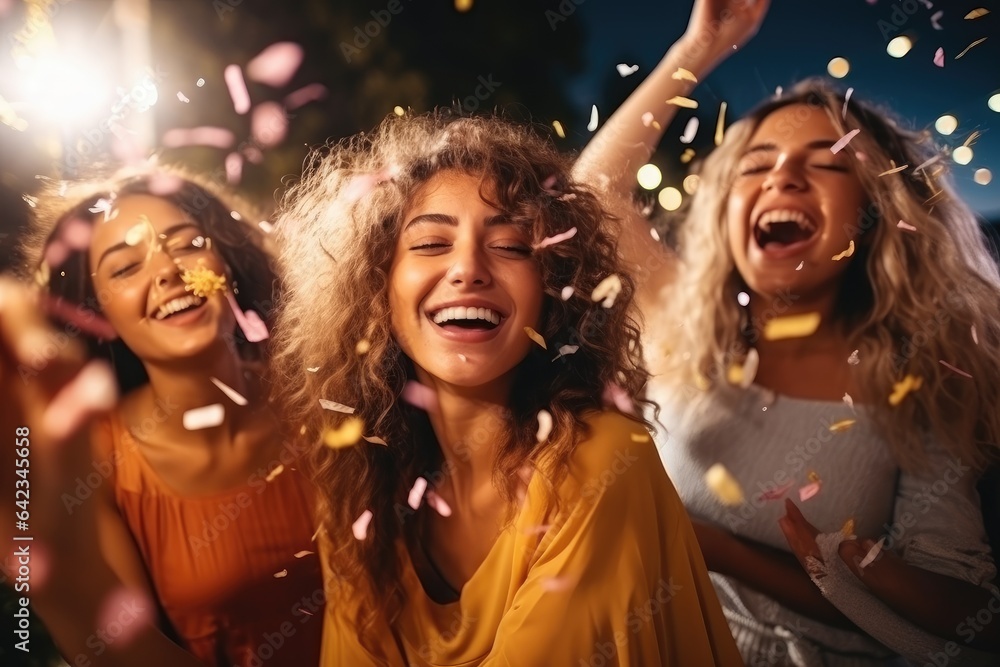 Young women blowing confetti from hands.