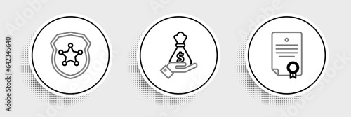 Set line Certificate template, Police badge and Hand holding money bag icon. Vector
