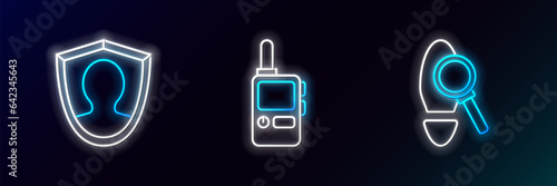 Set line Magnifying glass with footsteps, User protection and Walkie talkie icon. Glowing neon. Vector