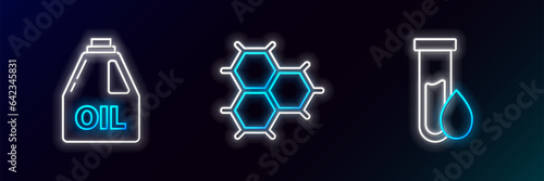 Set line Oil petrol test tube, Canister for motor machine oil and Chemical formula consisting of benzene rings icon. Glowing neon. Vector
