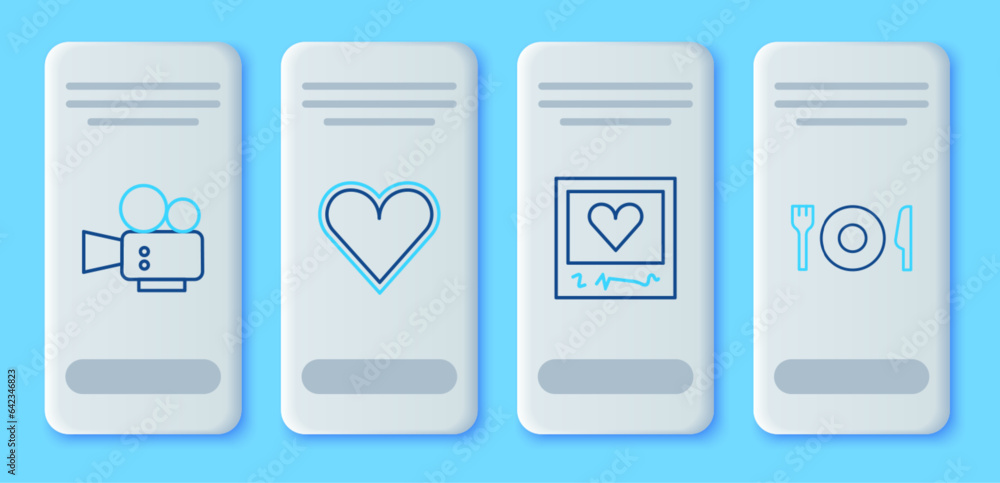 Set line Heart, Photo frames and hearts, Cinema camera and Plate, fork knife icon. Vector