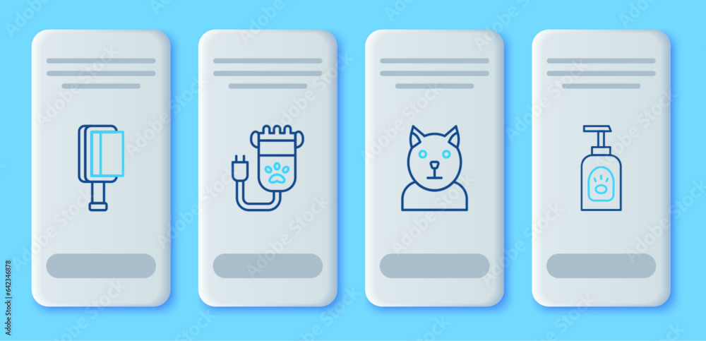 Set line Hair clipper pet, Cat, brush for dog and cat and Pet shampoo icon. Vector