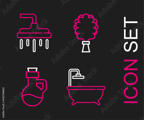 Set line Bathtub, Essential oil bottle, Sauna broom and Shower head icon. Vector