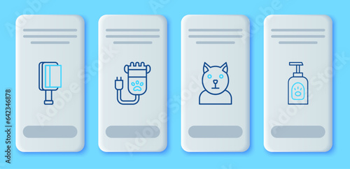 Set line Hair clipper pet, Cat, brush for dog and cat and Pet shampoo icon. Vector