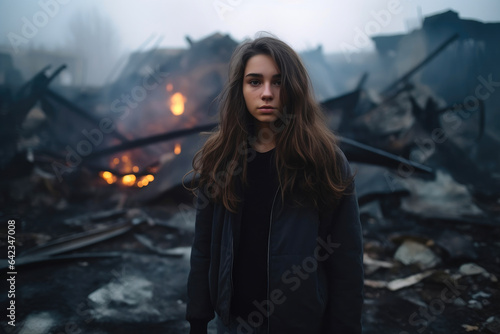 Emotional Teenage Girl Surrounded by Destruction