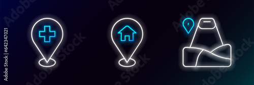 Set line Location with mountain, Medical location cross and house icon. Glowing neon. Vector