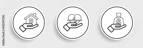 Set line Money in hand, House and Life insurance icon. Vector