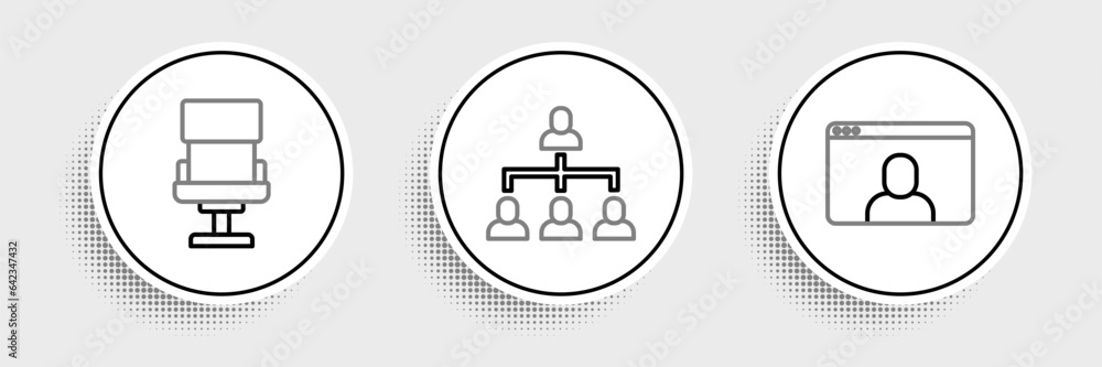 Set line Video chat conference, Office chair and Hierarchy organogram chart icon. Vector Set line Video chat conference, Office chair and Hierarchy organogram chart icon. Vector