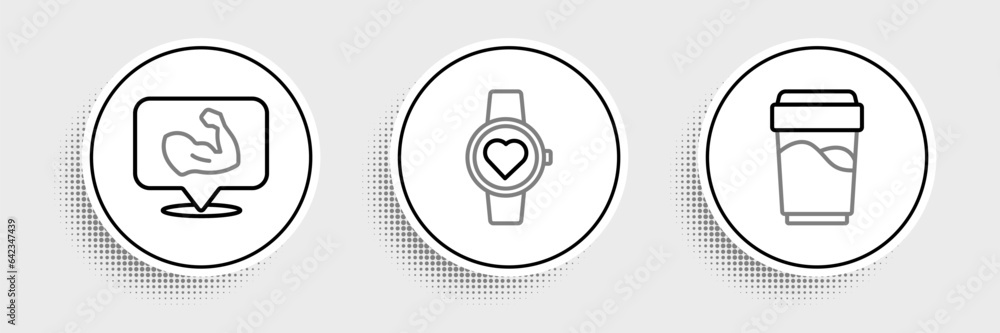 Set line Glass with water, Bodybuilder muscle and Smart watch icon. Vector Set line Glass with water, Bodybuilder muscle and Smart watch icon. Vector
