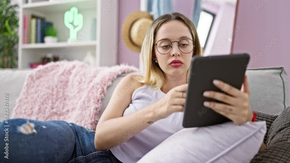 Young blonde woman shopping with touchpad and credit card sitting on sofa at home Young blonde woman shopping with touchpad and credit card sitting on sofa at home