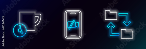 Set line Cloud storage document folder, Time management and Video camera Off on mobile icon. Glowing neon. Vector