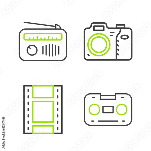 Set line Retro audio cassette tape, Play Video, Photo camera and Radio with antenna icon. Vector