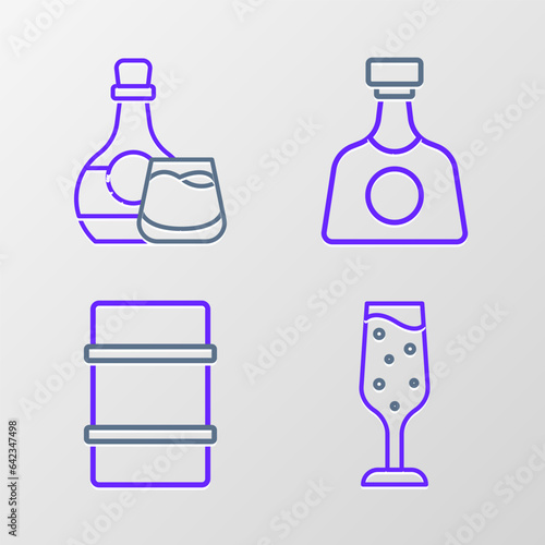 Set line Glass of champagne, Metal beer keg, Tequila bottle and Whiskey and glass icon. Vector