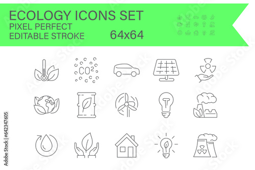 Collection of outline icons. ecology, environment, and sustainability. thin line icons. editable vector strokes and maintain a pixel-perfect resolution of 64x64.