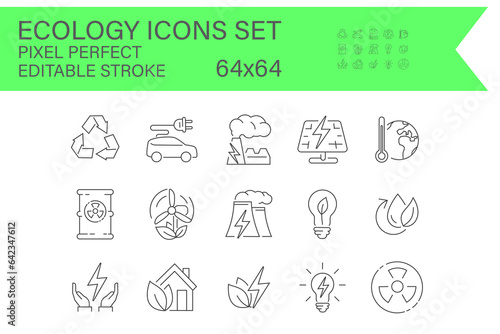 Collection of outline icons. ecology, environment, and sustainability. thin line icons. editable vector strokes and maintain a pixel-perfect resolution of 64x64.