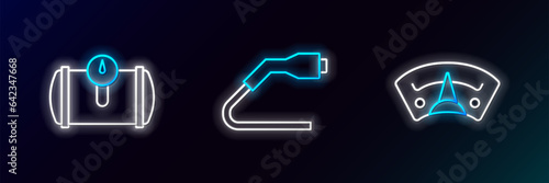 Set line Motor gas gauge, Gas tank for vehicle and Electrical cable plug charging icon. Glowing neon. Vector