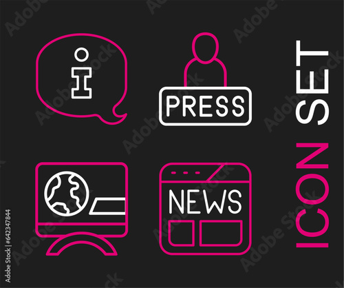 Set line News, Breaking news, Journalist and Information icon. Vector