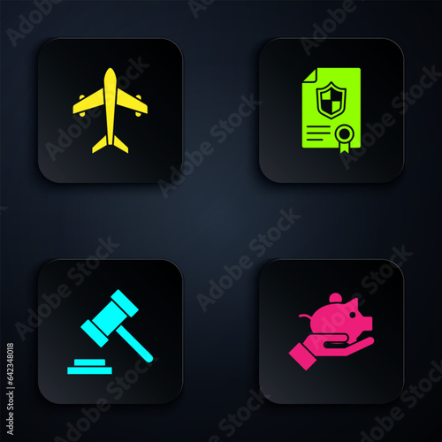 Set Piggy bank in hand, Plane, Judge gavel and Contract with shield. Black square button. Vector