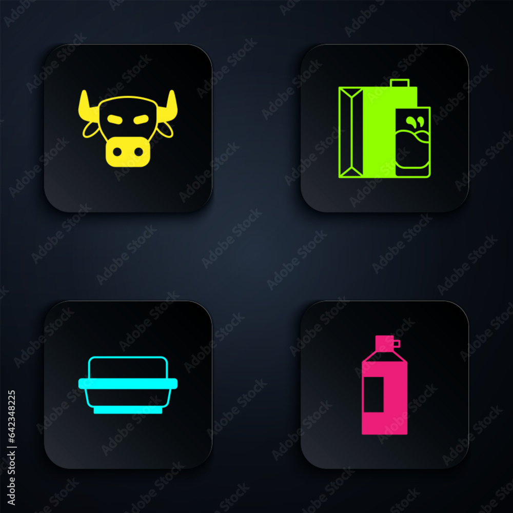 Set Whipped cream in bottle, Cow head, Butter butter dish and Paper package for milk. Black square button. Vector Set Whipped cream in bottle, Cow head, Butter butter dish and Paper package for milk. Black square button. Vector