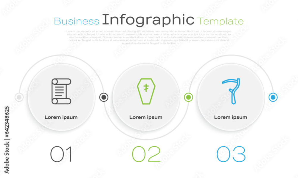 Set line Decree, parchment, scroll, Coffin with cross and Scythe. Business infographic template. Vector Set line Decree, parchment, scroll, Coffin with cross and Scythe. Business infographic template. Vector