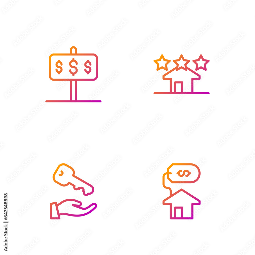 Set line House with dollar, key, and Real estate. Gradient color icons. Vector