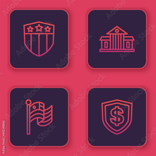 Set line Shield with stars, American flag, White House and dollar. Blue square button. Vector