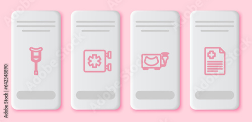 Set line Crutch or crutches, Emergency - Star of Life, Ultrasound and Patient record. White rectangle button. Vector