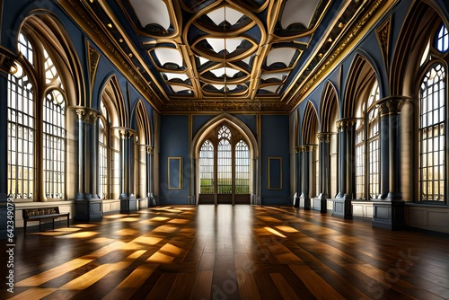 3D rendering of a medieval great hall in a palace or castle