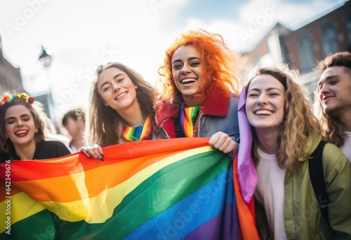 young women and men holding rainbow flags 
