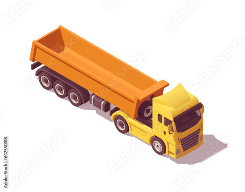 Isometric logistic semi truck. Truck with dump semi trailer. Vector illustration
