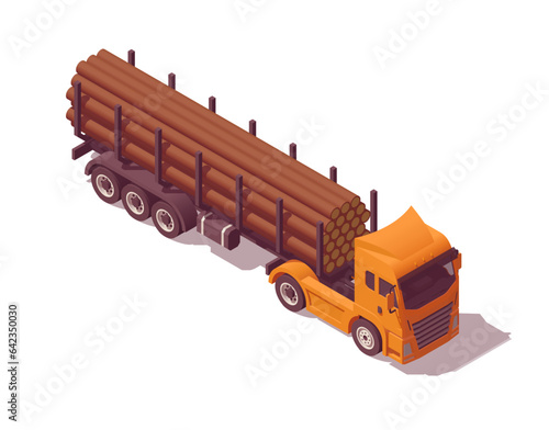Isometric logistic semi truck. Truck with timber semi trailer. Vector illustration