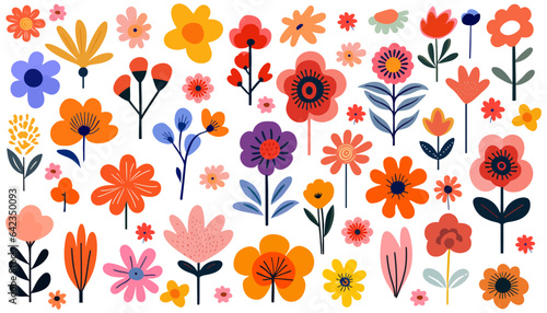 Abstract Hand drawn abstract wildflowers, set flowers and leaves, flat icons. Vector illustration