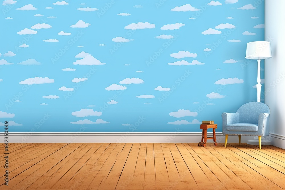 blue graphic cartoo Room animation night colourful toy design Clouds game wooden retro floor star Background scrapbook travel Room illustration nature white art story background blue Kids cute sky - obrazy, fototapety, plakaty 