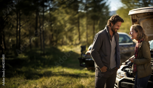 Young couple standing by a broken down car on the side of the road. Concept of engine and car problems and getting a mechanic. Shallow field of view with copy space.